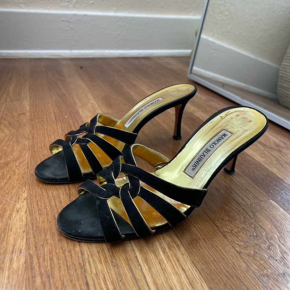 Strappy suede Manolo Blahnik stilettos